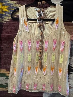 Trina Turk Beige Sleeveless Sequin-Embroidered Tank with Pastel Accents